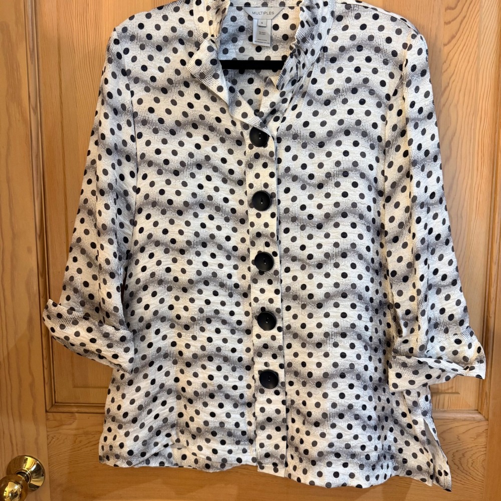 Multiples Button Down Tunic Blouse S Ivory/Black Polka Dot Ruffle Neck 3/4 Sleev